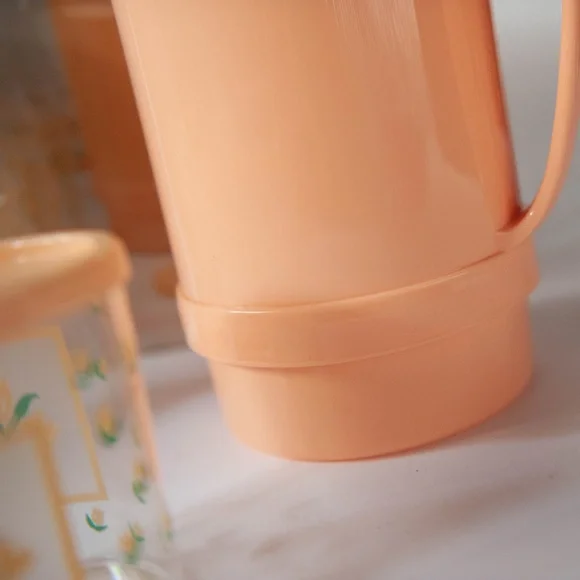 Vintage 80s Plastic Pitcher Cups Coaster SetCottagecore Peach Floral